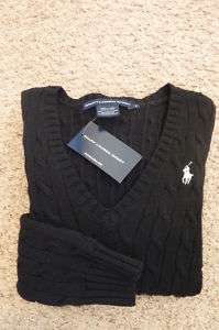Ralph Lauren Black Cotton V  Neck Cable Sweater SzS  