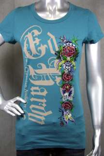 Ed Hardy Butterfly Skull Love and Roses T shirt TEAL  