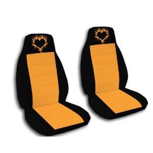  2 black and orange seat covers with a orange burning heart 