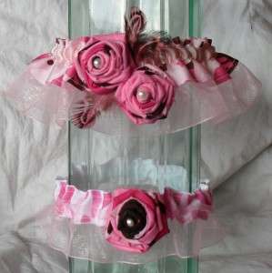 Pink and Brown Camo Shabby Rose Bridal Garter Set  