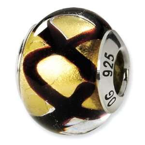  925 Silver Yellow Black Stripe Murano Glass Charm Bead 