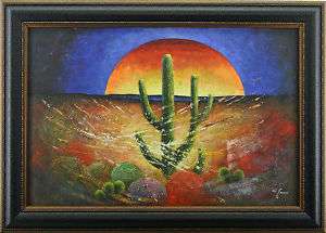 Sun Cactus Sunset Desert Landscape FRAMED OIL PAINTING  