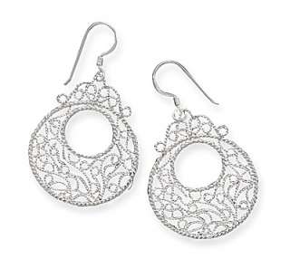 Sterling Silver Circle Filigree Design French Wire Earrings