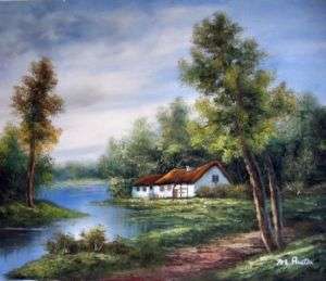 Genuine Landscape Art Oil Painting Country Cottage Lake  