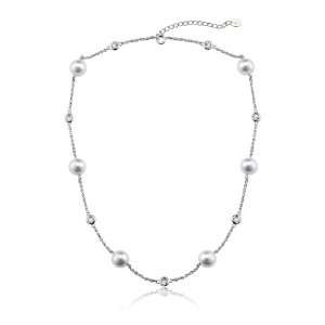   Classic Imitation Pearl Round C.Z. Diamond Stationed Necklace Jewelry