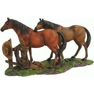  Horse Pair Standing By the Fence Post Statue Figure, 13 