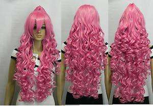 l005 pink long curly cosplay Split  Type wig + wig cap  