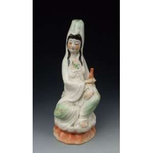 com One Famille Rose Porcelain Kuanyin Buddha Statue, Chinese Antique 