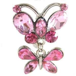  Pink Gem Double Butterfly Reverse 14g Navel Ring 