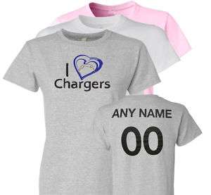 Personalized I Love Chargers Ladies T Shirt San Diego  