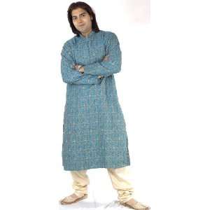  Turquoise Blue Kurta Set with Brocade Woven Paisleys and 