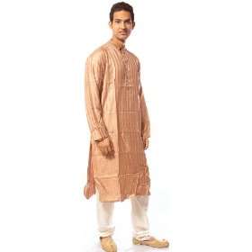  Khaki Kurta Set with Self Weave and Embroidery on Collar 