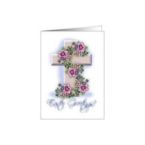  Easter Greetings, Flowers and Cross, Religious Card 