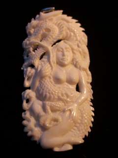 Intricate Carved Ox Bone Dragon Serpent Goddess Pendant  