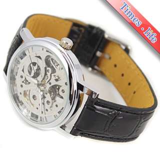 Silvery Skeleton Hollow Handwind Mechanical Mens Watch Leather New 