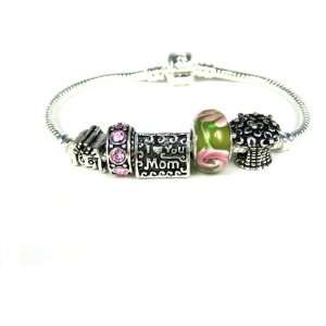  Beautiful I LOVE MOM Pink/Green Pandora Style Bracelet 