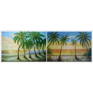  Seashore Palm Trees on Sunset   2 Canvas Set Oil Painting 