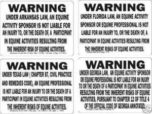 Warning State Equine Liability Horse Signs  