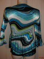 BFS11~SERE NADE Blue Lime White Crinkle 3/4 Sleeve Blouse Top Size M 