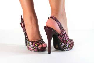 Satin Cheetah Upper Print Shoe Patent Slingback Heel Choose Red or 