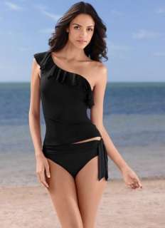 Be Creative Black Mesh Ruffle One Shoulder Tankini Set Swimsuit 10 NWT 