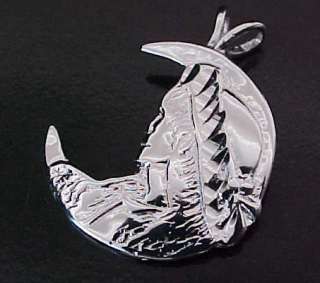 Sterling Silver INDIAN HEAD Crescent Moon Pendant  