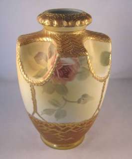Lavish Antique Nippon Cupped Vase w/Roses in a Basket M in Wreath 