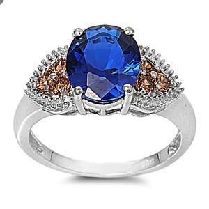 Sterling Silver Royal Engagement Ring with Blue Sapphire and Champagne 