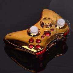 CUSTOM MODDED XBOX 360 CHROME GOLD AND RED WIRELESS CONTROLLER SHELL 