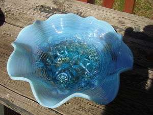   Northwood Blue Opalescent Glass Rose Show Ruffled Bowl Rare  