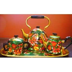    Russian Hand Painted Metal Tea Service 7 Pc. 