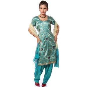 Turquoise Brocaded Salwar Kameez with Embroidery and Sequins   Art 