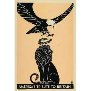  1924 Lithograph Lion Bald Eagle F.G. Cooper Poster RARE 