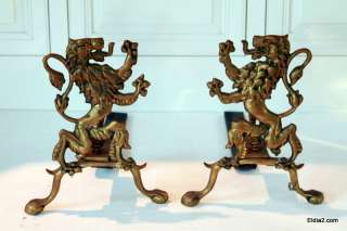 The FINEST Antique Brass Rampant Lion Fireplace Andirons  