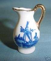 Cute Miniature Delft Blue Porcelain Pitcher ~ Gold Trim  