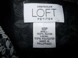   Black White Print Dress Size 10 Petite Flowy Rayon High Waisted  