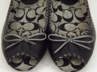 Womens shoes black leather Coach Noella 9 M comfort peep toe flat 