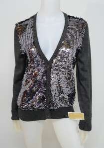 NWT Michael Kors 1X Plus Gray Silver Sequin Front V Neck Cardigan 