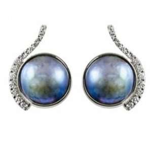 Sterling silver 12mm blue mobe cultured pearl and diamond 