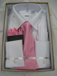 Menz Fashion Dress Shirt W/ Tie/Hanky White/Pink  