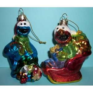  Sesame Street Glass Ornaments Elmo & Cookie Monster 