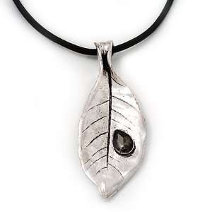 Large Silver Plated Leaf Pendant On Leather Cord   40cm Length (7cm 