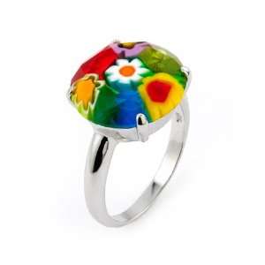  Millefiori Faceted 15mm Multi Color Round Ring, Size 6 