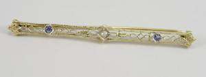 Antique 14K Gold Blue Sapphire Seed Pearl Bar Pin  
