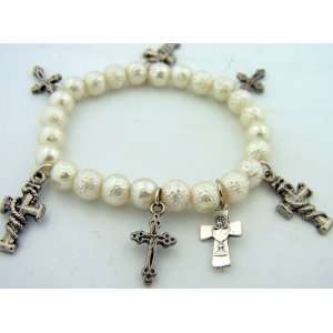   Stretchable White Pearl Rosary Bracelet IHS Chalice Catholic Gift