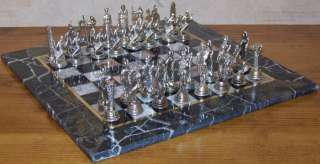    Square Handmade Marble Board Roman Egyptian Metal Figures Chess Set