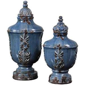  Uttermost Set of 2 Eilam Leaf Pale Blue Containers