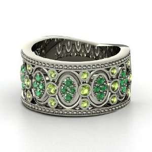 Renaissance Band, 14K White Gold Ring with Green Tourmaline & Emerald