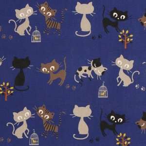  blue Kokka canvas fabric black grey kitty Japan (Sold in 