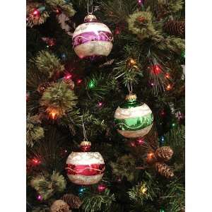 Set of 3 Jewel Tone Candy Stripe Glass Ball Christmas Ornaments 3.25 